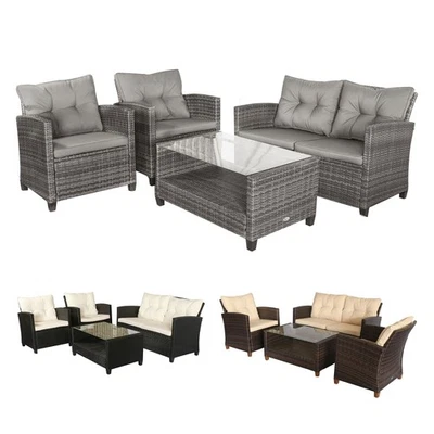 OUTSUNNY 4 tlg. Rattan Gartenmöbel-Set, Gartengarnitur mit Kissen Metall+Polyester