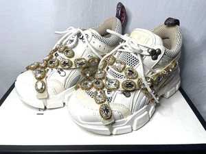 Auth GUCCI Flashtrek Sneakers White Gold Logo Size 34.5 US4.5 Leather Women - Picture 1 of 24