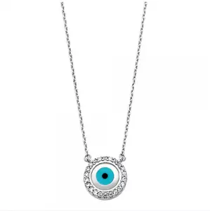 14K Solid White Gold CZ Evil Eye Pendant Rolo Chain Necklace Set Good Luck Women - Picture 1 of 2