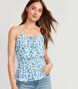 Old Navy Women Size XS ~ Blue Floral Sleeveless Linen-Blend Smocked Top $25 NWT - Picture 1 of 5