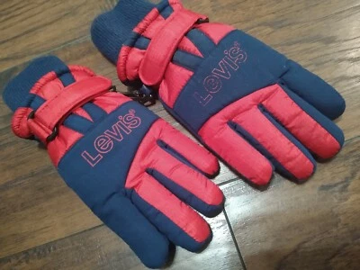 复古 Levi's Kids 雪地手套 冬季 蓬松 90 年代 蓝色 红色 标志 青少年 男女皆宜 — 第 1/4 张图片