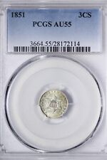 1851 Three 3 Cent Silver Piece PCGS AU55 Great Type Coin, Nice Luster TCHM