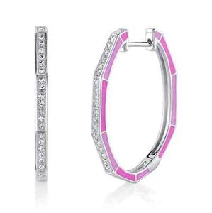 14K Gold Pink Enamel Diamond Oval Hoop Earrings Natural - Picture 1 of 6