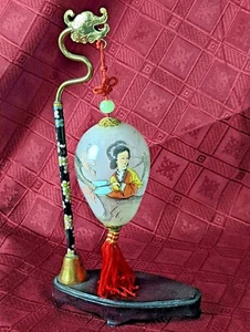 Chinese Hand Painted Glass Egg Jade Bead Gold Wood & Cloisonné Stand - Picture 1 of 6