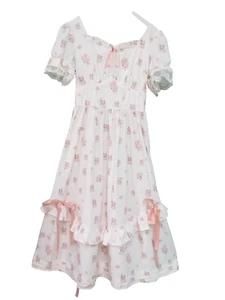Smocked Cottagecore Midi Dress Prairie Ruffle Dainty Pink Floral Peasant Tiers M - Picture 1 of 10