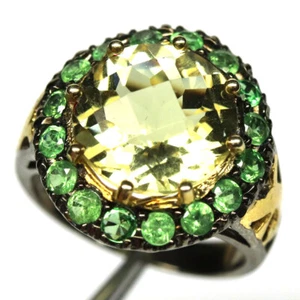 925 Silver 11 mm. Yellow Lemon Quartz & Tsavorite Garnet Jewelry Ring Size 4.75 - Picture 1 of 4