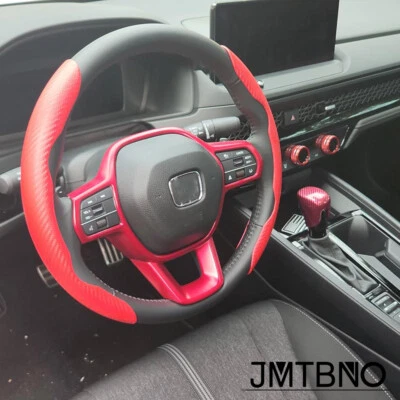For Honda Civic Accord CRV 15" Steering Wheel Cover Carbon Red Leather Anti-slip - Image 1 of 4