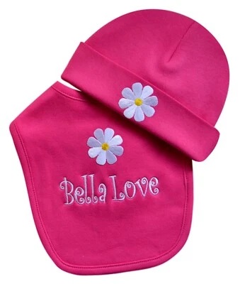 Baby Girls Personalized Daisy Bib with Matching Cotton Beanie Hat Gift Set - Image 1 of 2