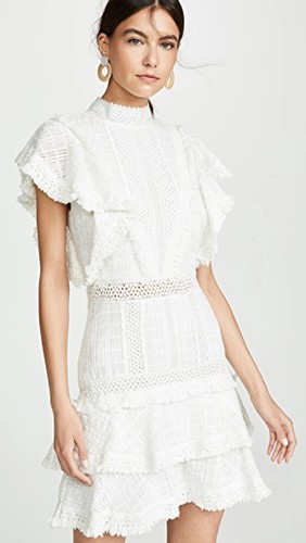 OFF WHITE Abito con frange nuovo con etichette Alice + Olivia Bea con inserto in pizzo bianco sporco taglia 2 XS