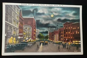🌟 VINTAGE 1926 GENESEE STREET AT NIGHT UTICA NY POSTKARTE MIT ORIGINALSTEMPEL - Bild 1 von 2