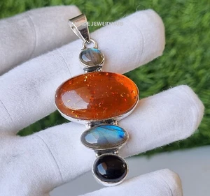 Black Onyx & Labradorite ,Amber Pendant 925 Sterling Silver Handmade Gift PG2925 - Picture 1 of 4