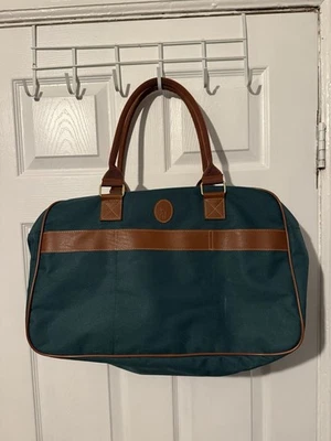 Vintage 90s Ralph Lauren Fragrances Duffle Bag Green Canvas Brown Leather Medium - Image 1 of 4