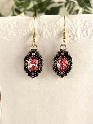Small Pink Rhinestone Shiny Dangle Drop Gold Earrings Womens Artisan Jewelry - Image 1 of 4