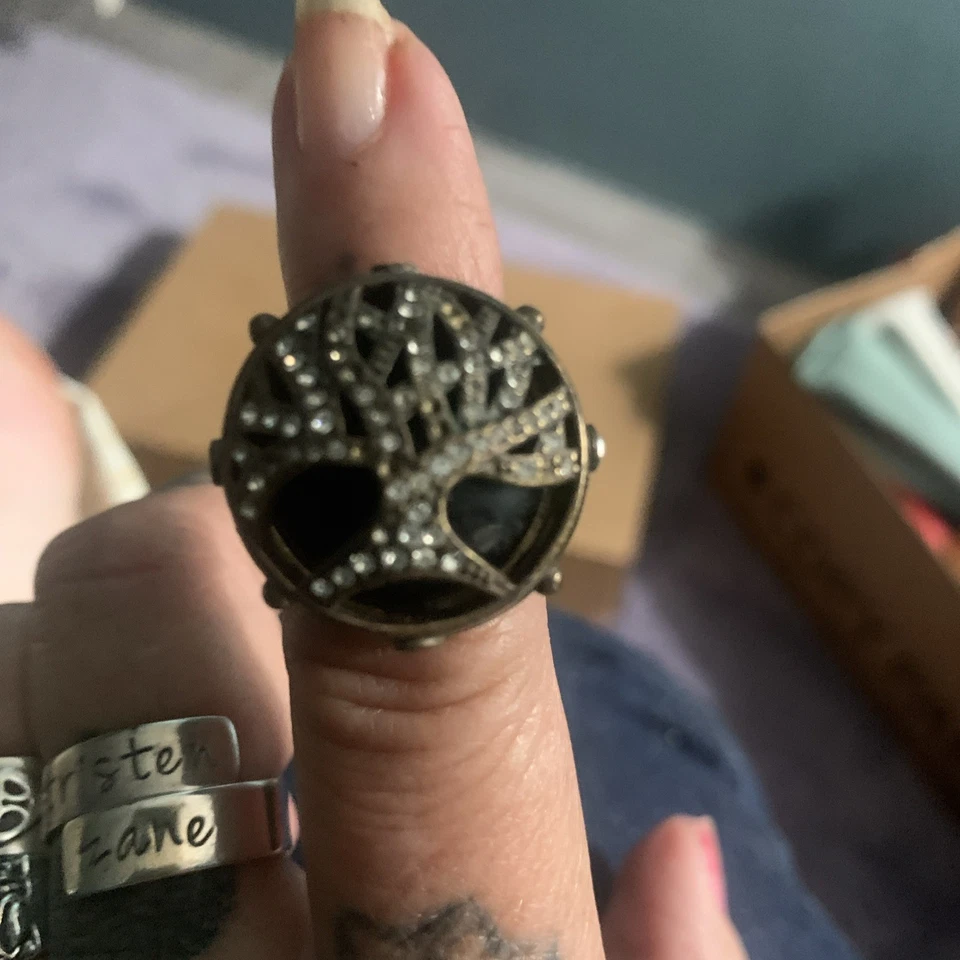 Tree of Life Large Round Bronze Chrystal and Black Onyx Ring  Size 7 - Image 1 of 4