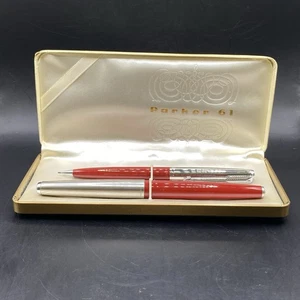 Parker 61 Deluxe Fountain Pen & Pencil Set Rage Red w Original Vintage Case - Picture 1 of 5