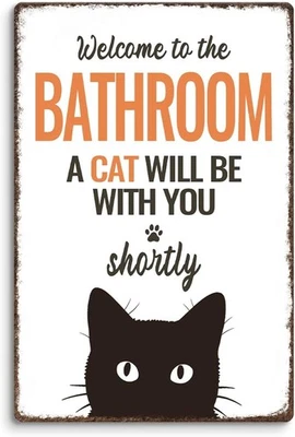 Letreros de metal de hojalata Kercan gato negro decoración de baño, bienvenido al baño divertido  Foto 1 de 4