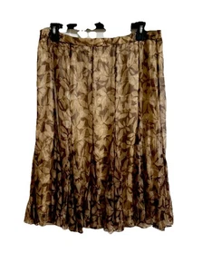 Lafayette 148 100% Silk Midi Skirt Sz 16 Lined Sheer & Flouncy Brown Leaf Print - Picture 1 of 12
