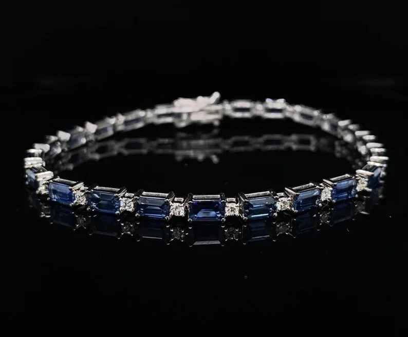 Natural Emerald cut Blue Sapphire Gemstone 925 Sterling Silver Tennis Bracelet Foto 1 de 1
