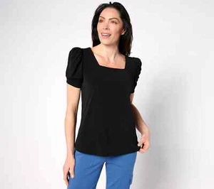 Susan Graver maglia liquida collo quadrato con gomito manica a sbuffo nero XXS A634043 - Foto 1 di 2