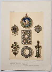 1858 ART TREASURES BOOK Exhibition METALLIC Chromo Print RENAISSANCE JEWELLERY - Picture 1 of 5