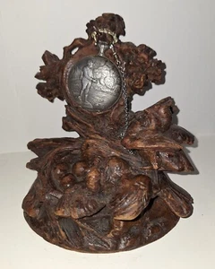 RARE ANTIQUE BLACK FOREST WOODEN OAK POCKET WATCH HOLDER CUCKOO BIRDS IN NEST - Picture 1 of 11