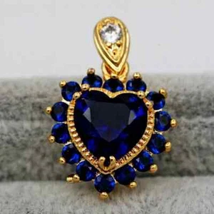 3Ct Lab Created Heart Blue Sapphire Pendant 16 Free Chain 14K Yellow Gold Finish - Picture 1 of 3