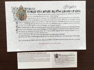 1947 REY GEORGE VI AUTORIZACIÓN DEL MATRIMONIO DE ISABEL II (REPRODUCCIÓN) - Imagen 1 de 12