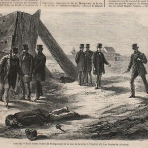 Espagne - Duel duc de Montpensier duc de Séville - Gravure de presse 1870 - Picture 1 of 2