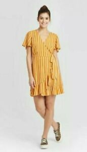 XL Women's Striped Short Sleeve V-Neck Wrap Mini Dress -Xhilaration Mustard 1288