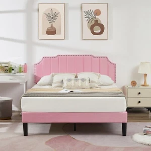 Twin/Full/Queen Bed Frame with Fabric Upholstered Headboard Wooden Slats Support - Picture 1 of 60