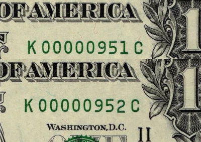 2 Consecutive 1999 $1  Low 3 digit Serial Number Dallas K00000951C & 952C PMG 65 - Image 1 of 4