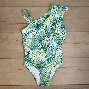 Janie & Jack Tropical Green Kids Girls One Piece Side Shoulder Swimsuit Size 8 - Picture 1 of 7