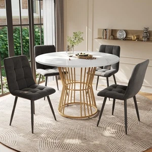 Round Dining Table & Chairs Set Marble Effect Kitchen Table with 4 Chairs Grey - Picture 1 of 12