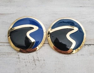 Vintage 80's Round Gold Color Push Back Earrings, Blue With Gold Line Accents - Picture 1 of 4