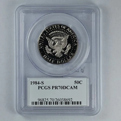 Medio dólar Kennedy 1984-S prueba de plata 50c graduación profesional PR70DCAM etiqueta Kennedy Foto 1 de 2
