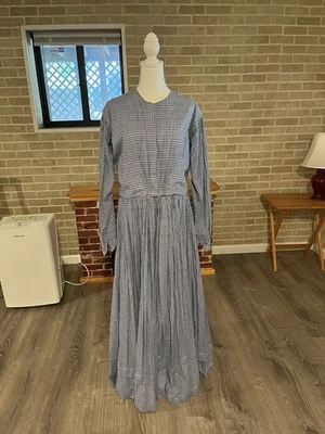 Civil War Victorian Cotton Day Dress Handmade Gray Vine Print - Medium - Image 1 of 4
