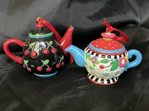 2 Vintage Mary Engelbreit Teapot Christmas Ornaments Colorful Ornament Teapot 2" - Picture 1 of 12