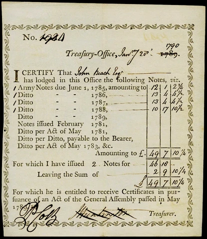 Peter Colt Signed Jan 20, 1790 Colonial Currency Treasury Transfer Certificate Cover