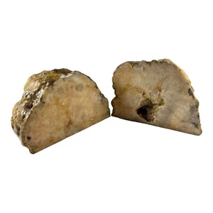 Geode Bookends Sliced Rock Pair Set Brown Office Paperweights Decor - Picture 1 of 7