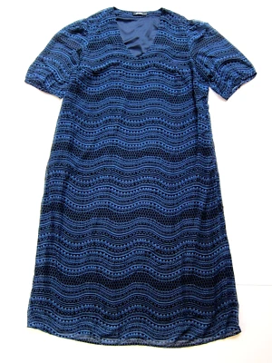 Maxi Vestido Largo eShakti Azul Negro Geométrico Transparente Manga Corta Cuello en V Bolsillo XL Foto 1 de 4