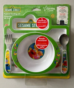 2009 Sesame Street 4 Piece Feeding Set Bowl Tray Fork Spoon Brand New - Picture 1 of 6