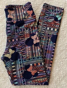 LuLaRoe Disney Leggings OS MINNIE MOUSE BOWS Navy Multicolored Aztec Patchwork - Picture 1 of 2