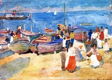 Oil painting seascape canoes people At-the-Shore-Maurice-Prendergast handmade