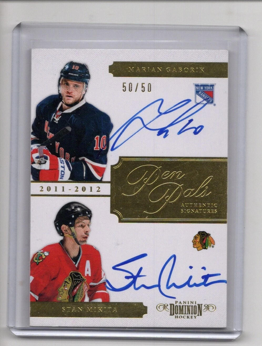 MARIAN GABORIK STAN MIKITA DUAL AUTO /50 2011-12 PANINI DOMINION HOCKEY PEN PALS