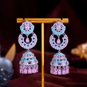 Pendientes colgantes largos de circonita cúbica enchapados en plata rosa turquesa - Imagen 1 de 9