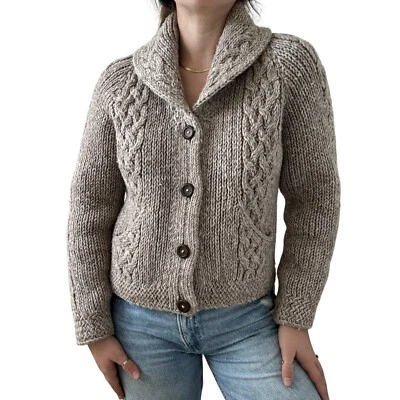 Cárdigan de pescador grueso 100 % lana beige tejido a mano vintage años 70 para mujer talla M Foto 1 de 4