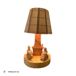 Vtg Old Couple & Fireplace Signed ANB Rustic Wood Carving Lamp - Picture 1 of 4