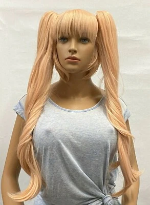 Peluca rosa cosplay anime pelo corto en capas y 2 colas de caballo largas arrastre ajustable gorra suave Foto 1 de 4