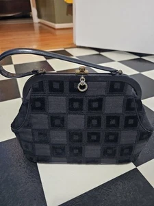 Vintage 1950s 1950s Black Pocketbook Purse Checkered Board Print Footed - Picture 1 of 4