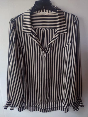 Umgee Black/Tan Satin Striped Split Neck Blouse Smocking Cuffs Sz L - Image 1 of 4